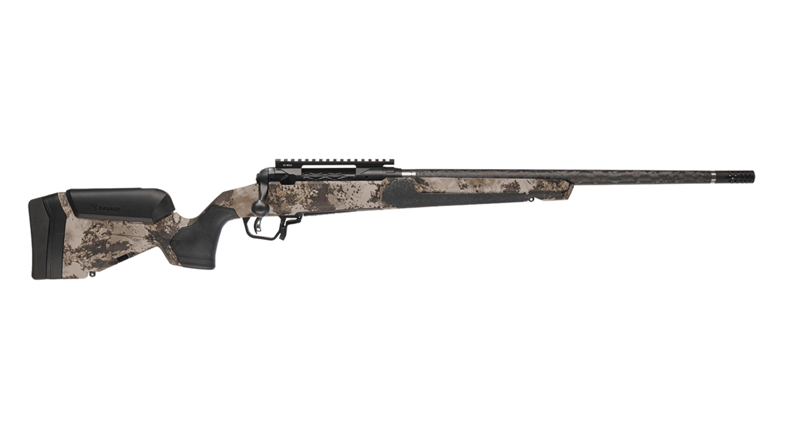 Savage 110 Ultralite Pro right side profile in Savage Western camo with carbon fiber barrel, Omniport muzzle brake, and 20 MOA Picatinny rail