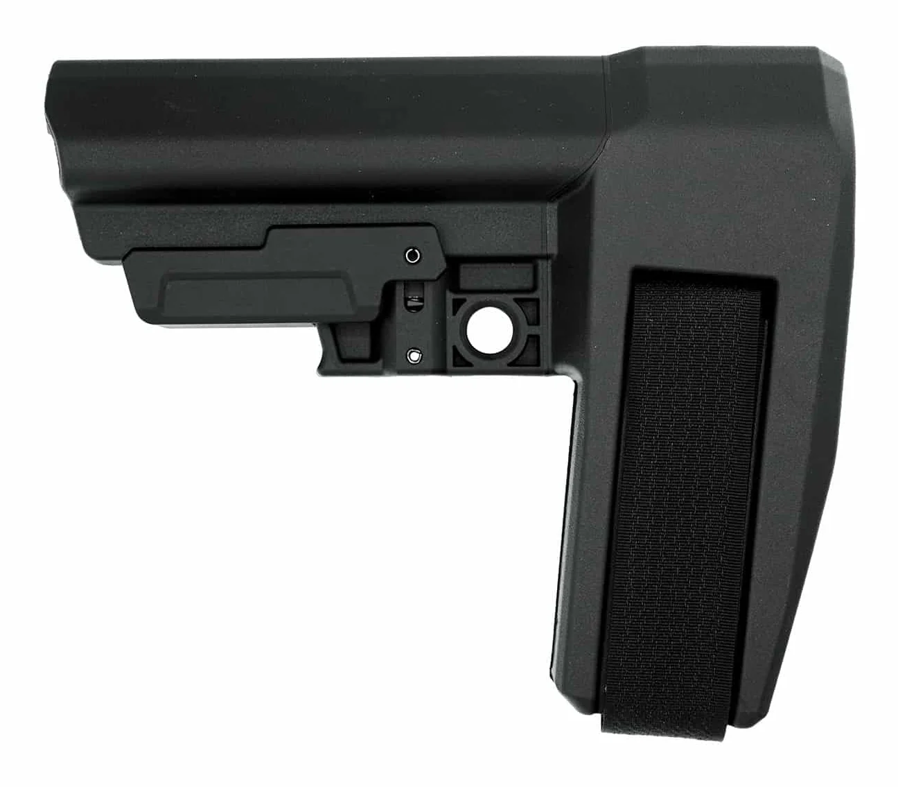 SB Tactical SBA6 pistol stabilizing brace in black, left side profile showing the adjustment lever, QD sling socket, arm cuff and nylon strap