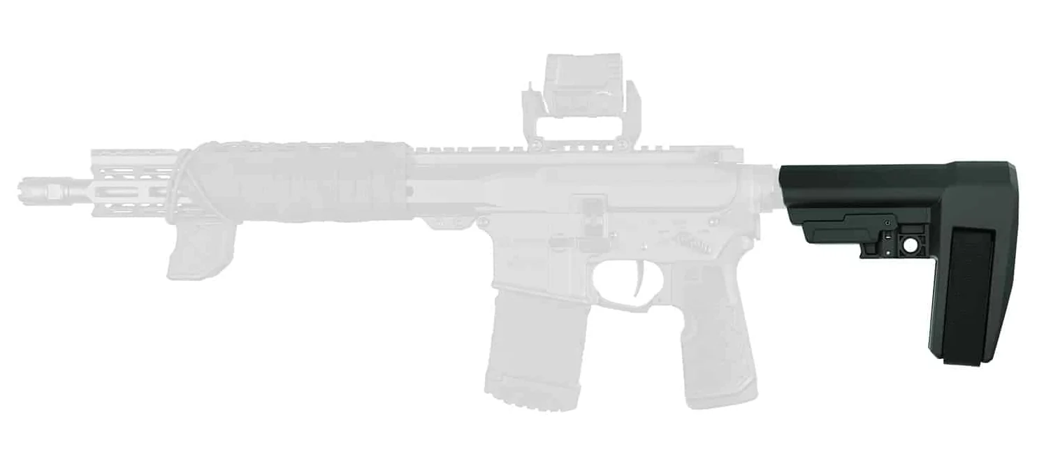 Black SB Tactical SBA6 brace shown installed at the rear of an outlined AR pistol, illustrating how far it extends behind the receiver