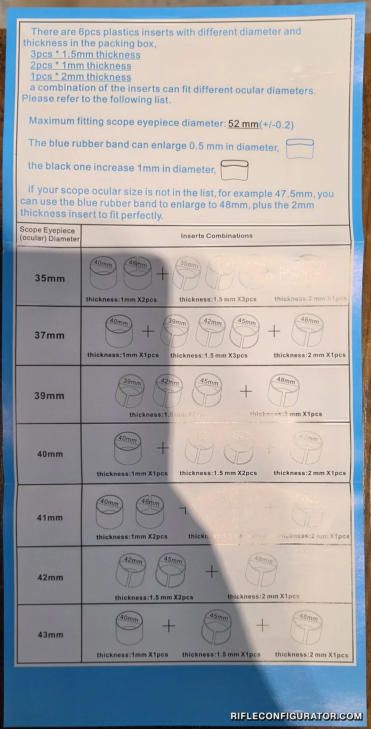 ScopeMate printed insert chart listing six inserts by thickness, a 52 mm maximum eyepiece diameter, rubber band sizing, and insert combinations by eyepiece diameter