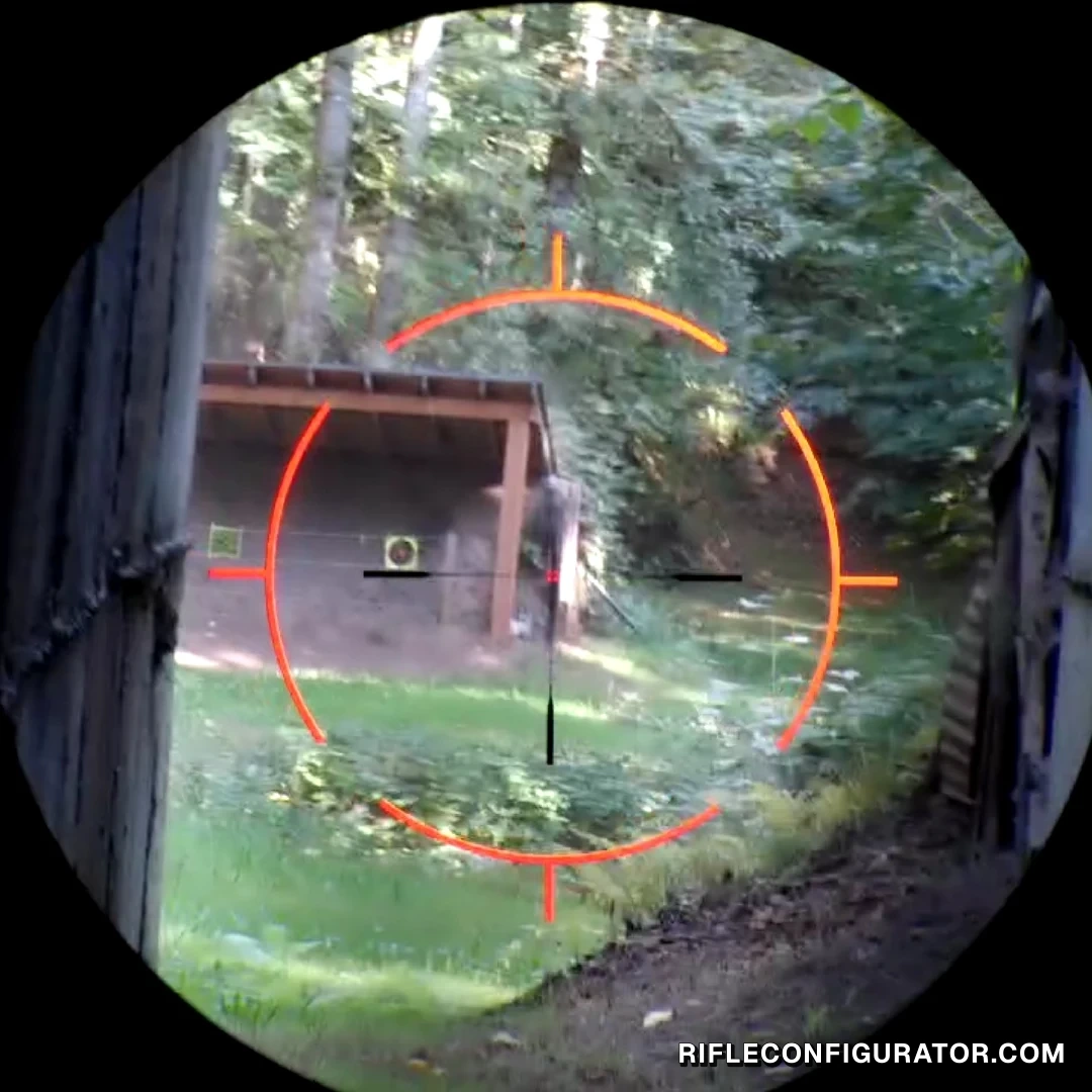 App live view through the Vector Optics Continental at low power, the illuminated red rapid ring framing a covered berm and targets