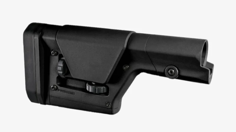 Seekins SIC folding stock detail showing bolt handle cutout, adjustable cheek piece, and butt pad with integrated T25 tool