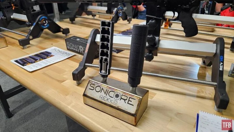 Lyman Sonicore suppressor displayed on a table