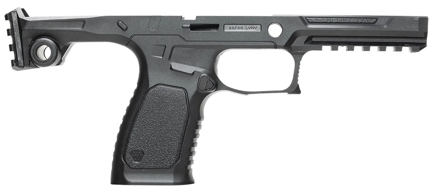 Side profile of the Strike Industries SMC Bravo chassis showing the integrated 1913 Picatinny rear rail, double-undercut trigger guard, and compact grip module