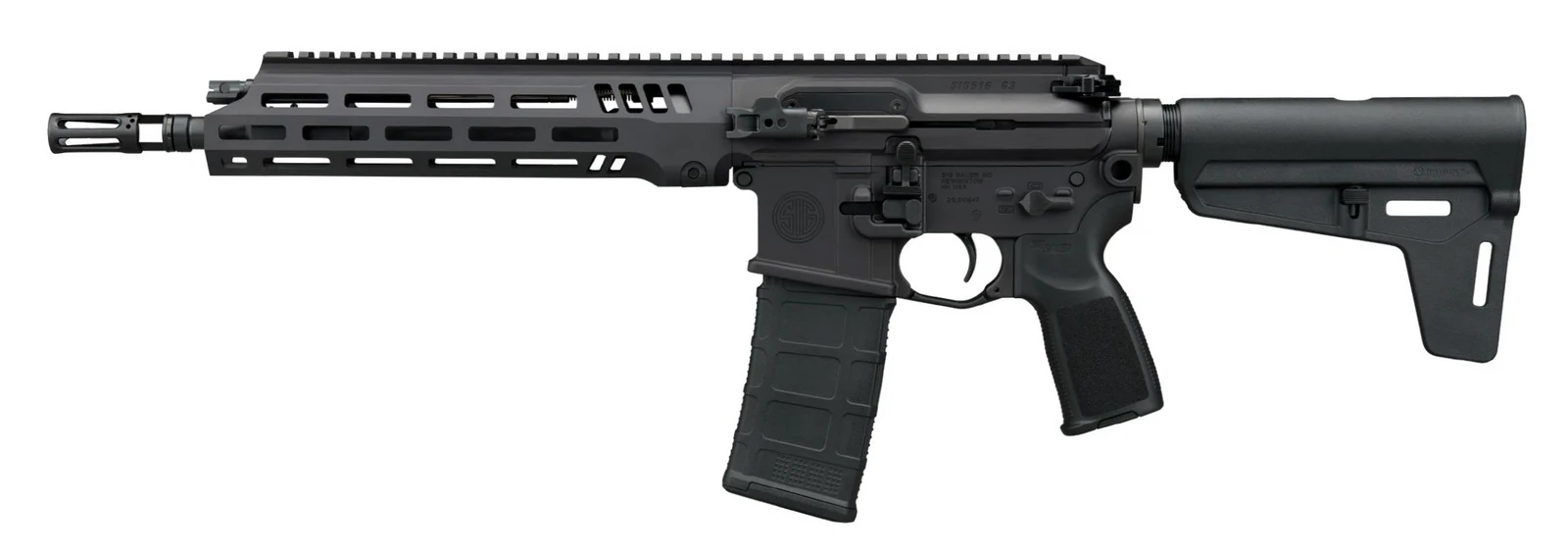 SIG Sauer SIG516 G3 11.5-inch 5.56 pistol, left side, Magpul BSL brace, SIG flash hider-compensator, 30-round magazine