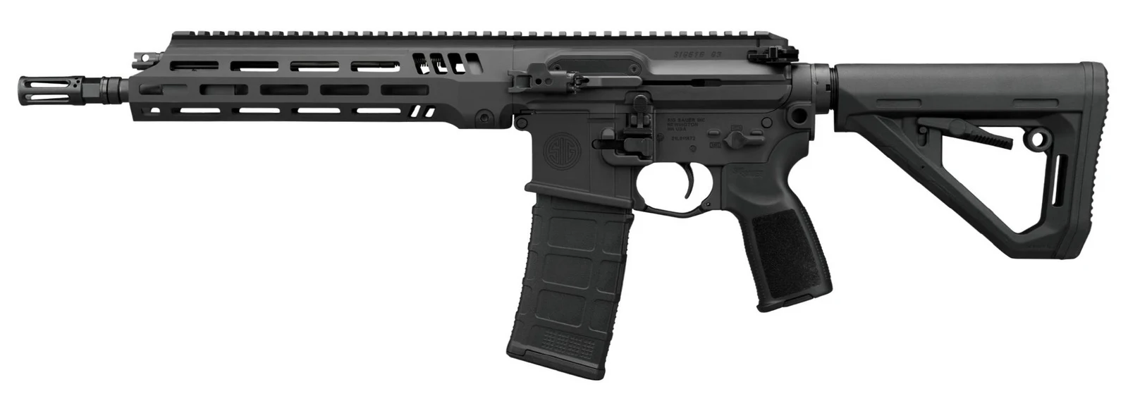 SIG Sauer SIG516 G3 11.5-inch 5.56 SBR, left side, Magpul DT six-position stock, SIG flash hider-compensator, 30-round magazine