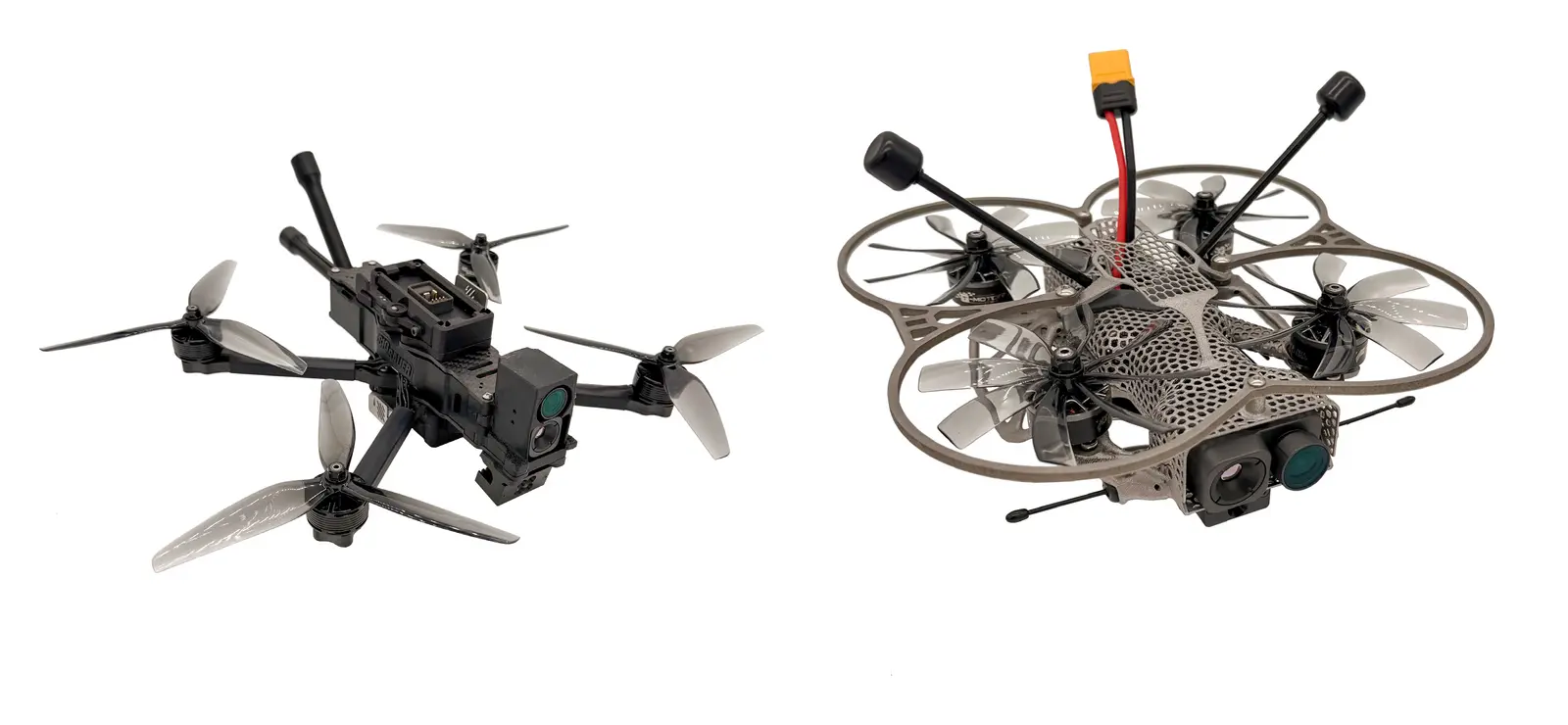 SIG Sauer 5-inch SABER uncaged FPV quadcopter on the left and the 3.5-inch SABER caged quadcopter with a camera pod on the right