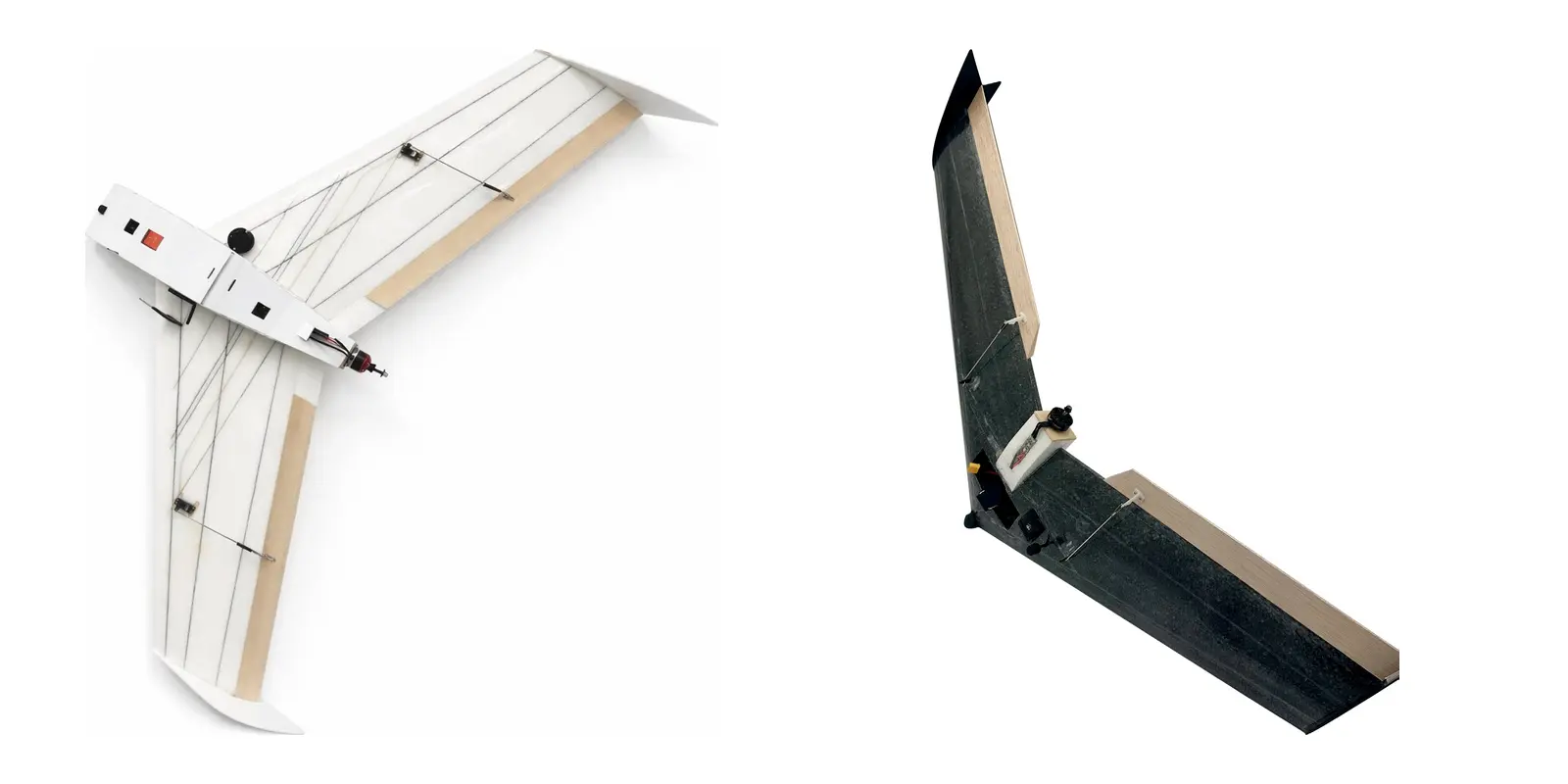 SIG Sauer W72 SCYTHE white 72-inch flying wing on the left and the smaller dark W32 SCYTHE flying wing on the right