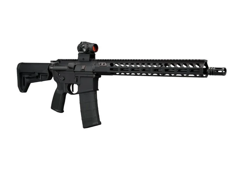 SIG M400 Forge in black anodized finish, right side profile showing the factory TriggerTech trigger, ambidextrous safety, and Magpul SL-K stock