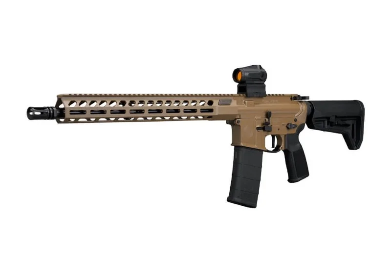 SIG M400 Forge in Flat Dark Earth Cerakote finish, showing the free-float M-LOK handguard, Magpul SL-K stock, and Romeo MSR Gen II red dot