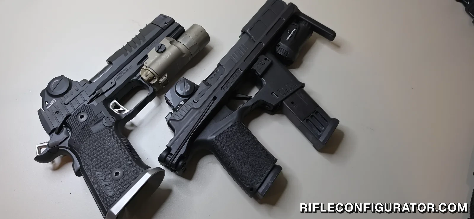 SIG P211-GTO with a SIG ROMEO-X enclosed optic and a SureFire X300U-B light, next to a SIG P365 mounted in a Flux Raider chassis