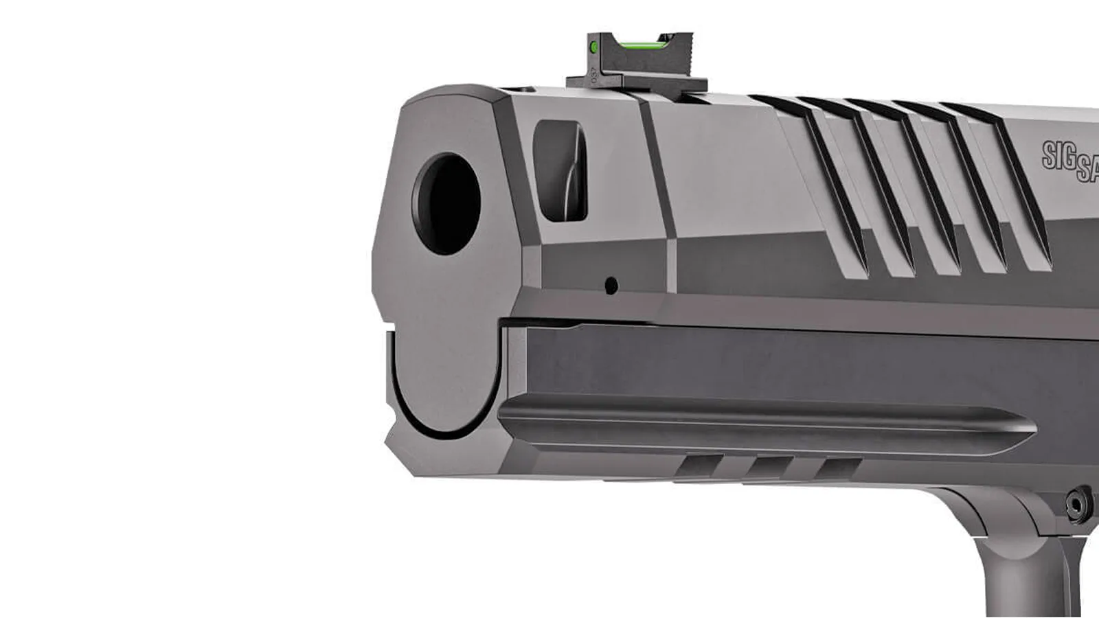 Close-up of the SIG P211-GTO Mach3D compensator and fiber optic front sight at the muzzle