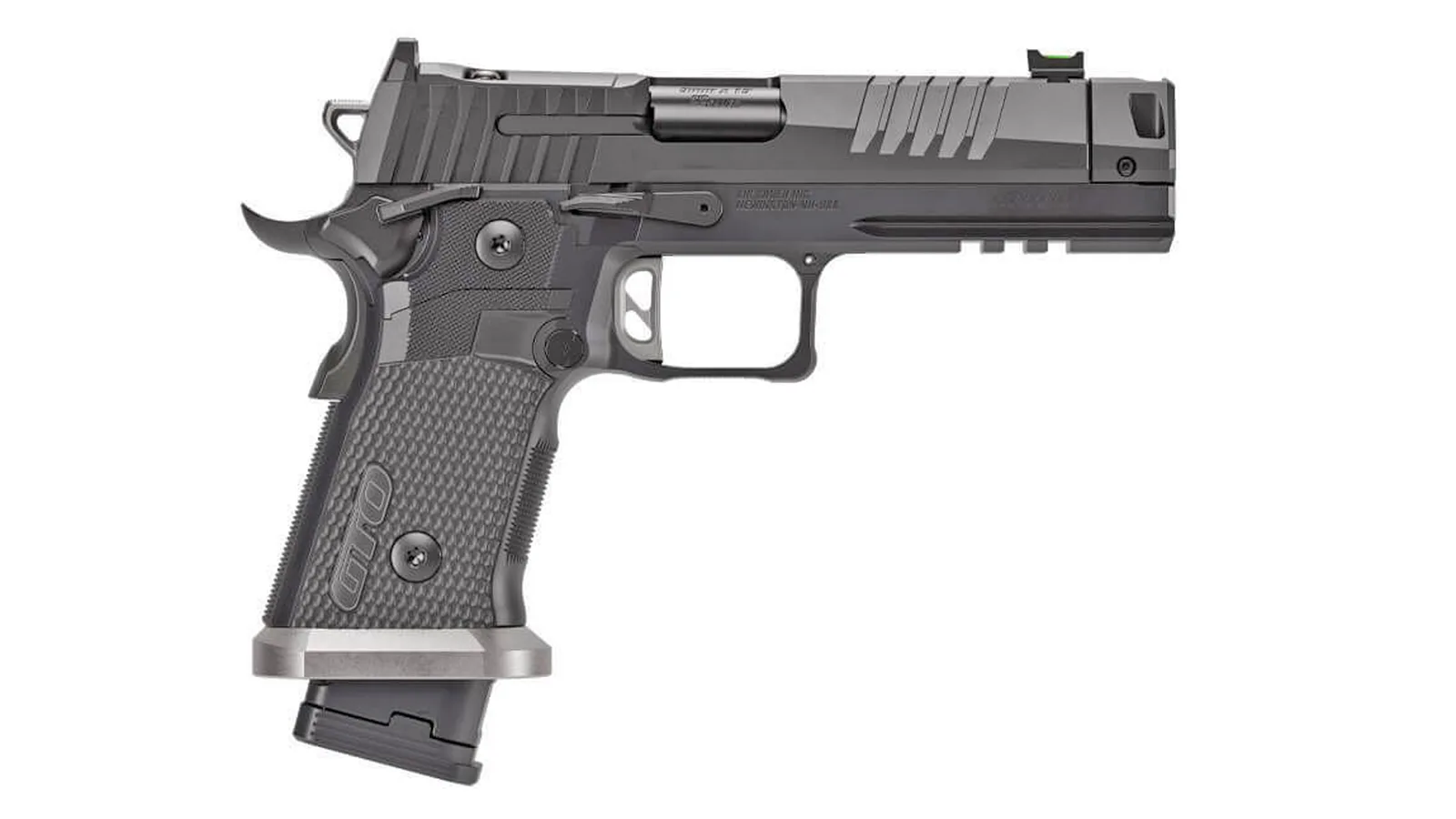 SIG P211-GTO left profile showing the 4.4-inch bull barrel, Mach3D compensator, GTO-marked G10 grip panels, and fiber optic front sight