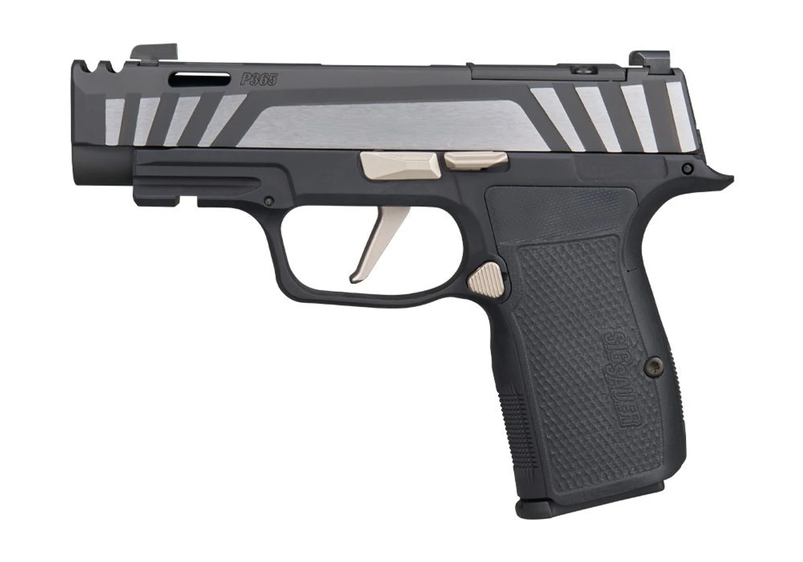 SIG Sauer P365-AXG Equinox right-side studio profile showing the Equinox-polished slide, two-port chamber, black AXG grip with G10 panels, and E-nickel controls