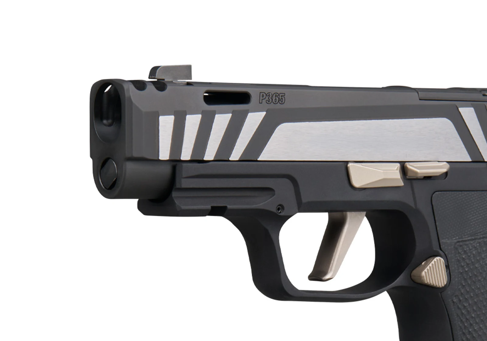 Close-up of the SIG P365-AXG Equinox muzzle showing the two-port integrated expansion chamber, Equinox-polished slide flats, and E-nickel trigger