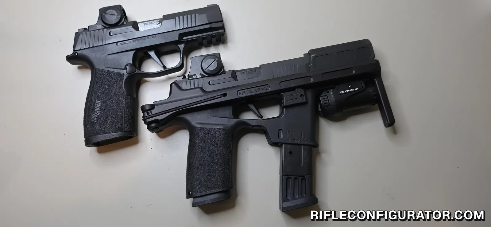 SIG P365-X Macro with an enclosed SIG ROMEO optic beside a P365 mounted in a Flux Raider chassis with a FOXTROT1X light attached
