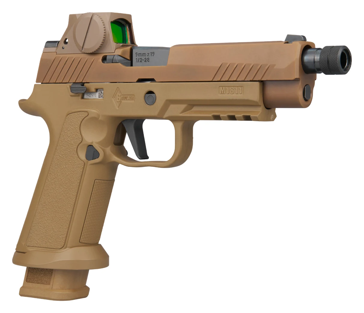 SIG Custom Works P320 NIGHTSHIFT with Platinum Cerakote slide and Burnt Titanium PVD compensator and controls