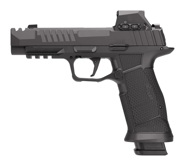 SIG P385-COMP 9mm pistol, left profile, with integrally compensated slide and slide-mounted red dot