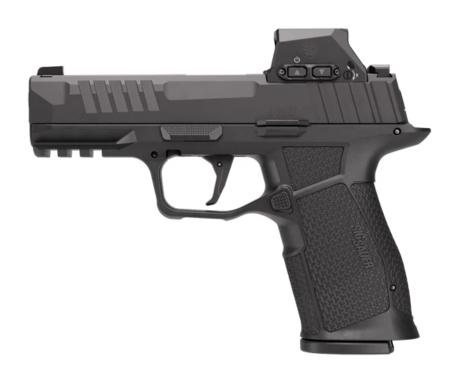 SIG P385-COMPACT 9mm pistol, left profile, with shorter grip and aggressive slide serrations