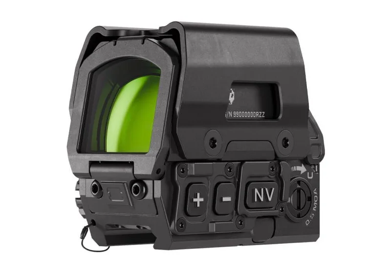 SIG Sauer ROMEO8T-AMR SHROUD in black, three-quarter hero view showing the titanium shroud, side controls, dedicated NV button, and 40mm Mangin lens
