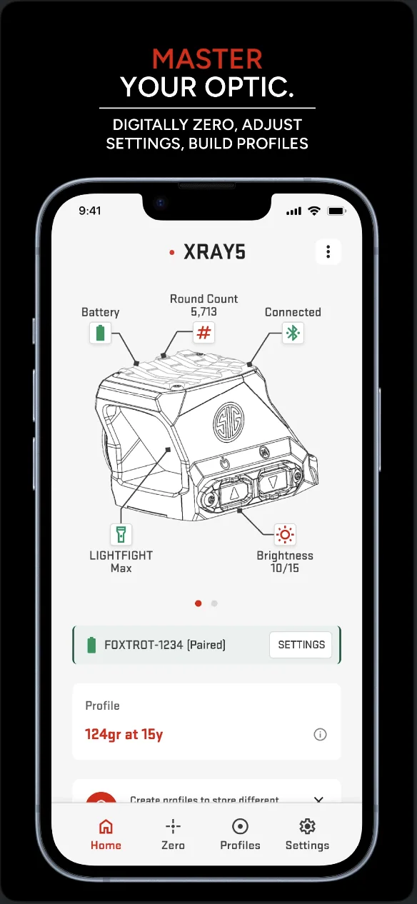 XRAY5 app dashboard showing optic battery, round count, brightness, zero profile, and paired FOXTROT light