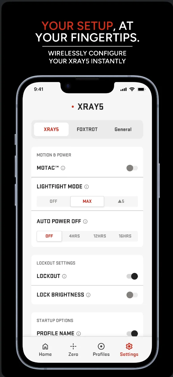 XRAY5 app settings screen showing MOTAC, LightFight, auto-off, control lockout, and Bluetooth controls