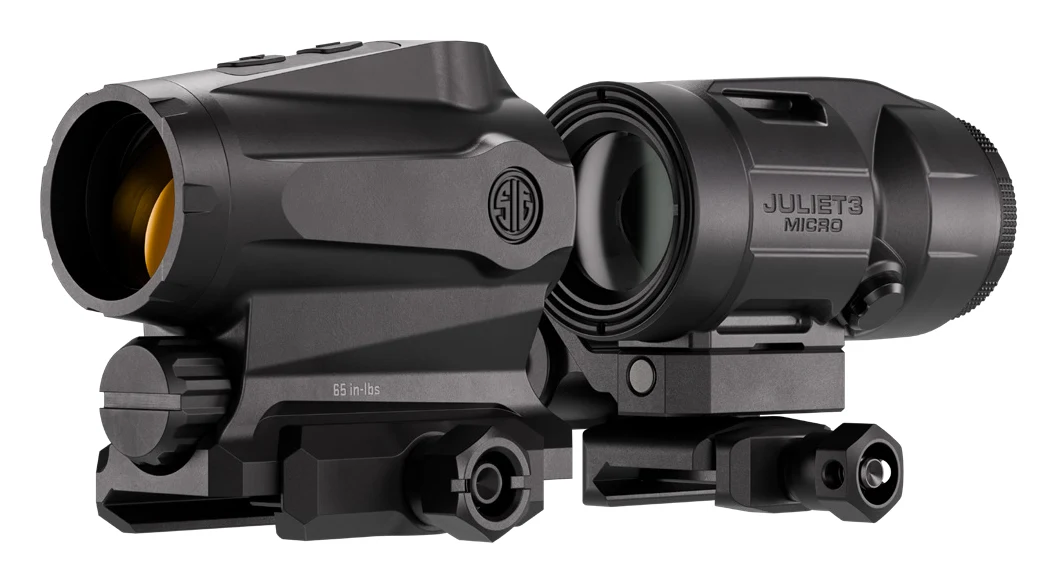 SIG ROMEO5X-AMR red dot mounted in line with a JULIET3-MICRO AMR flip-to-side magnifier