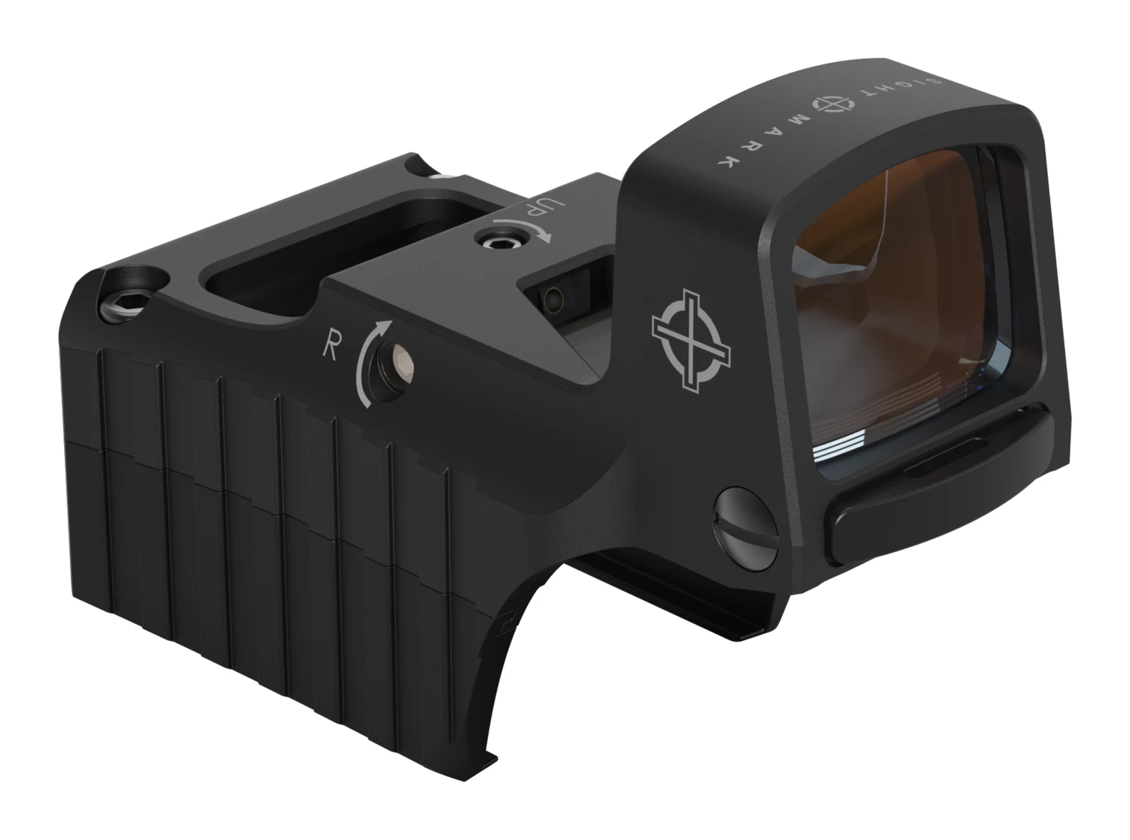 Sightmark G-Shot reflex sight shown at a three-quarter angle, showing the serrated rear shroud, the arched slide channel underneath, and the windage adjustment marked R