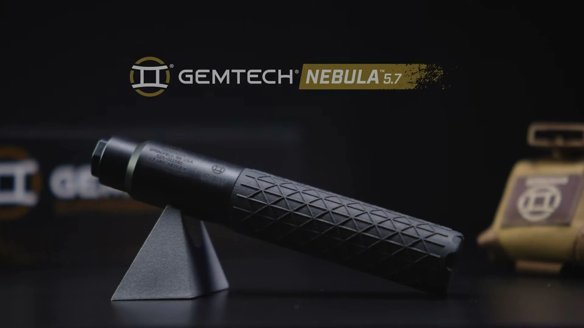 Gemtech Nebula 5.7 suppressor on display stand at SHOT Show 2026