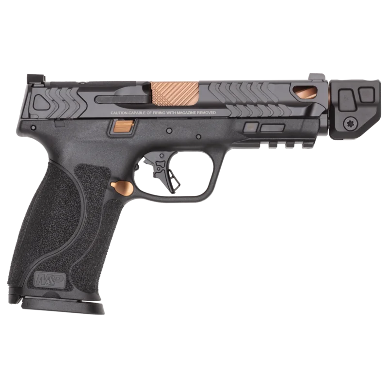 Smith & Wesson M&P9 M2.0 Copper PVD right side profile showing slide serrations and compensator