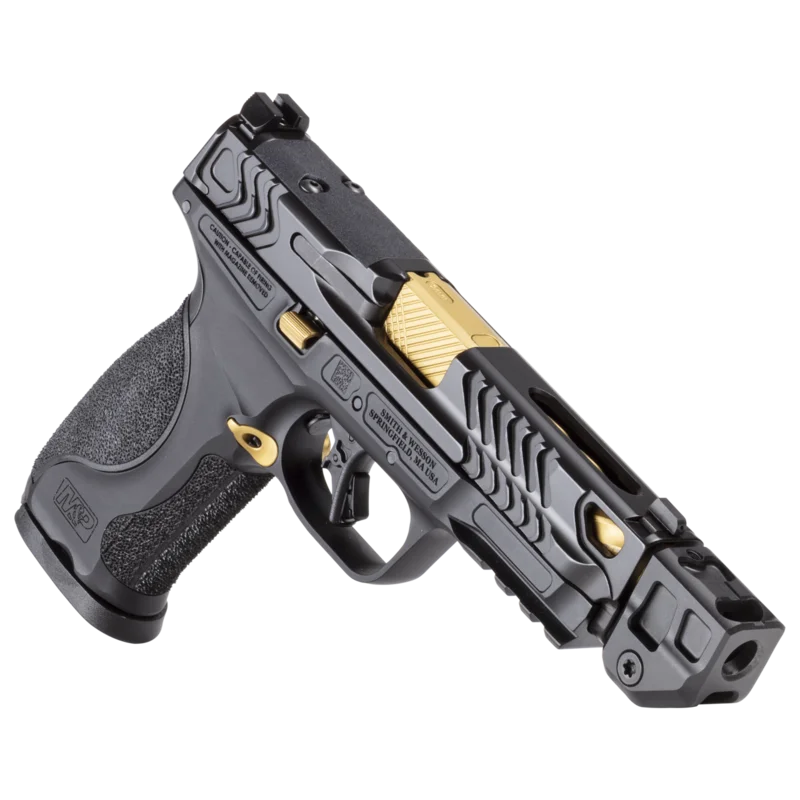 Smith & Wesson Performance Center M&P9 M2.0 Metal Gold PVD with compensator, three-quarter view