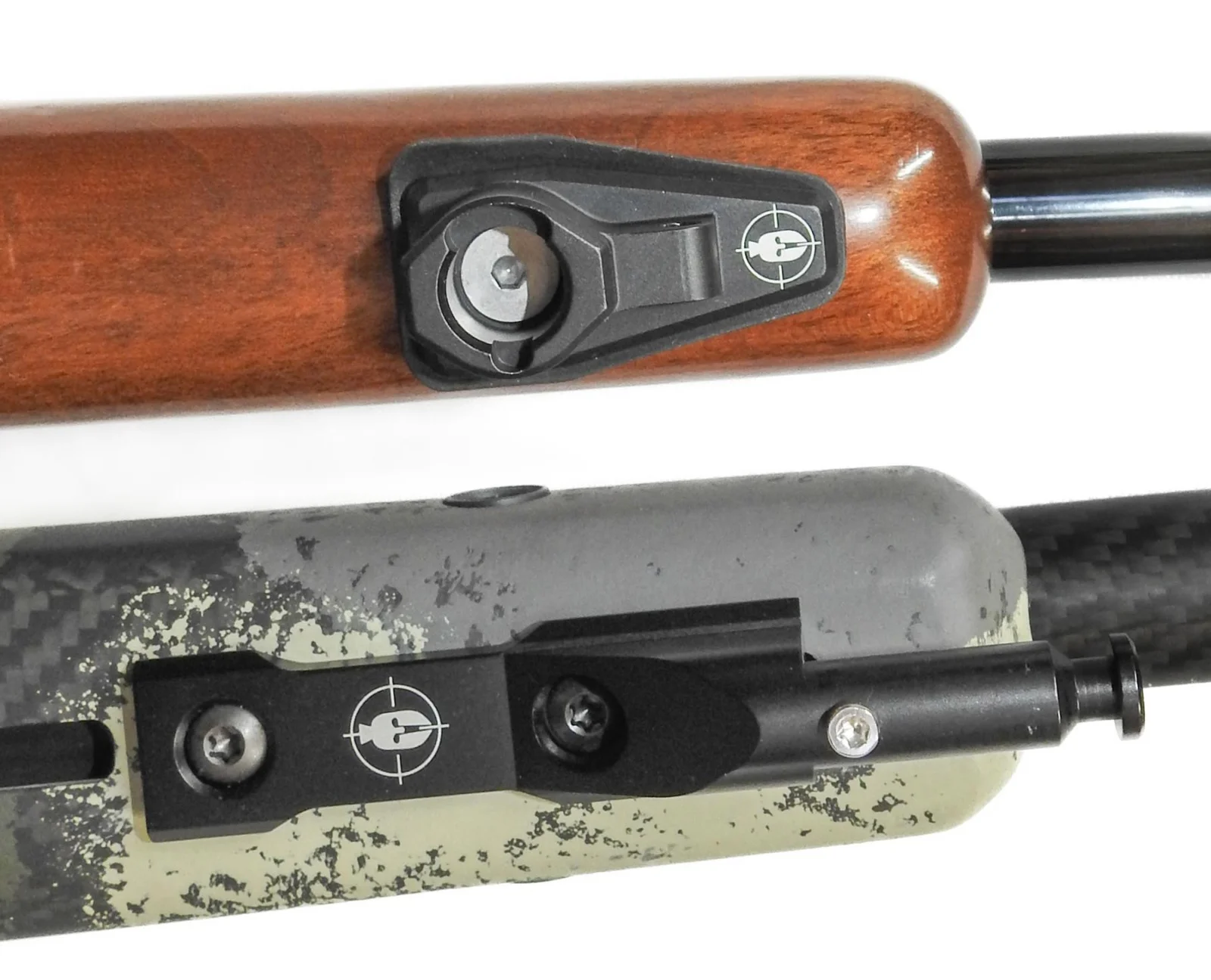 Two rifle forends showing the Spartan classic flush-fit adapter on top and the Spartan M-LOK spigot adapter on the bottom