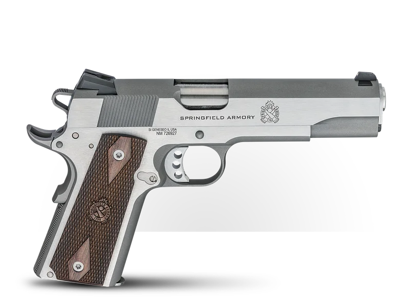 Springfield 1911 Garrison side profile in stainless steel showing the 5-inch barrel, extended beavertail, skeletonized hammer, and checkered thinline wood grips