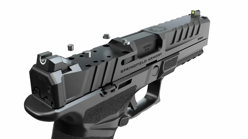 Springfield Armory Echelon slide showing the Variable Interface System optic mount with self-locking pins for the A-CUT interface