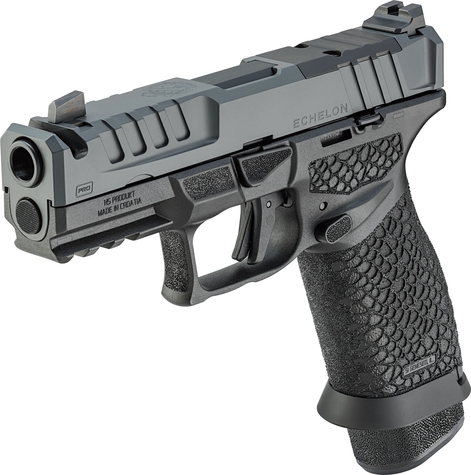 Springfield Echelon Pro Comp front three-quarter view showing the Springfield Grey Cerakote slide, PRO marking, Badlands grip texture, flared magwell, and extended magazine