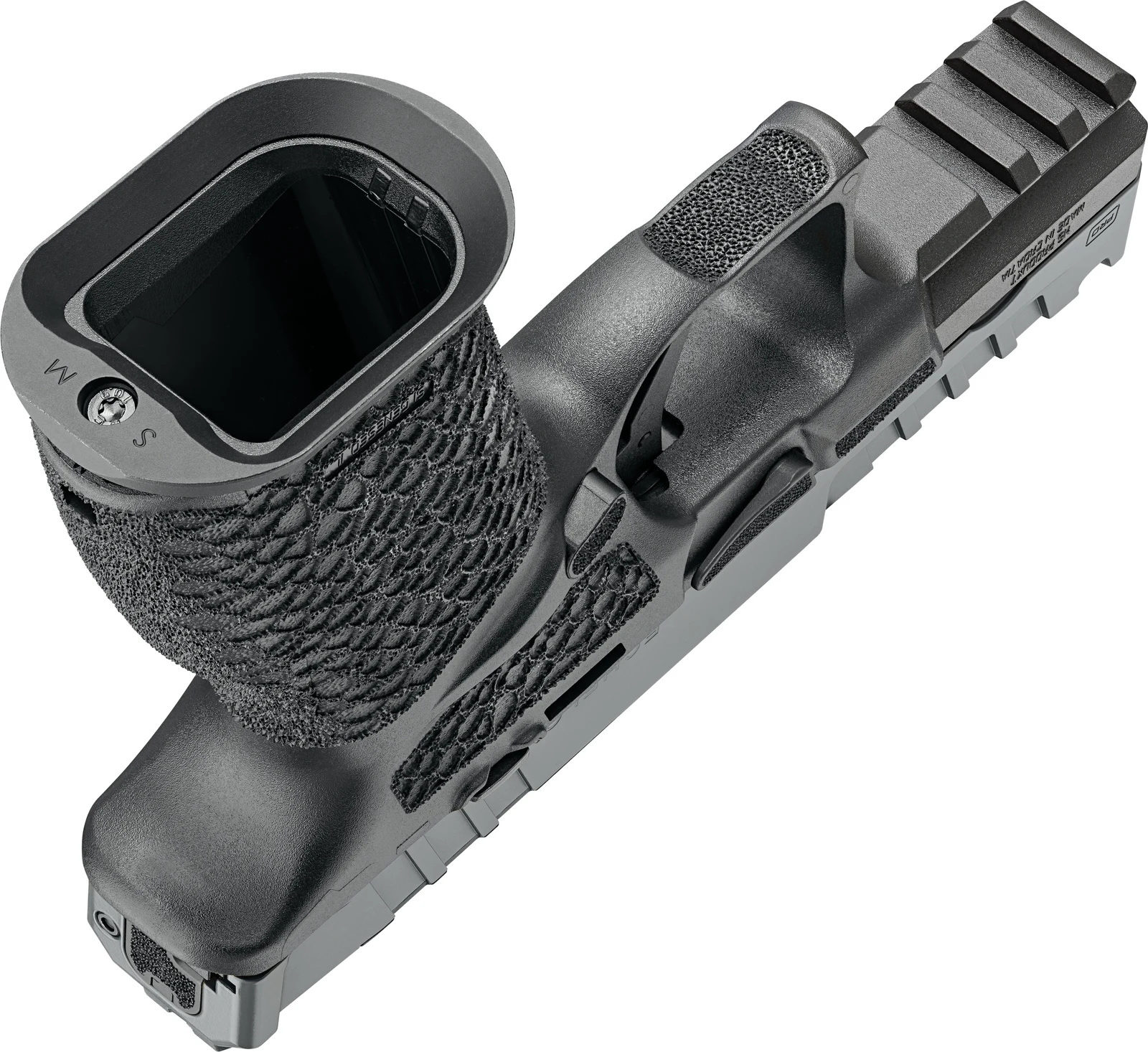 Underside view of the Echelon Pro Comp showing the removable machined-steel flared magwell, its retaining screw, and the Badlands grip texture