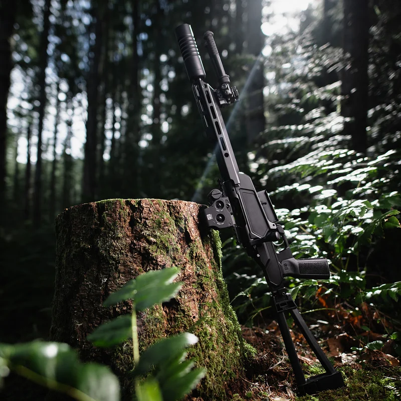 Close view of the Springfield Heatseeker pistol chassis showing the Sharps Bros 1913 Heatseeker billet aluminum chassis, B5 Systems P5 AR-pattern grip, and rear Picatinny stub