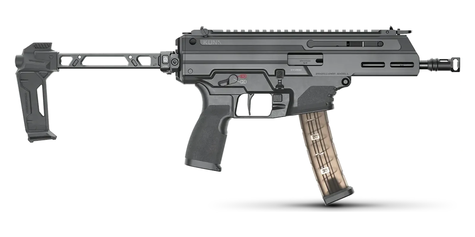 Standard Springfield Armory Kuna 9mm pistol in left profile with a folding brace extended and a multi-port muzzle brake on the threaded barrel