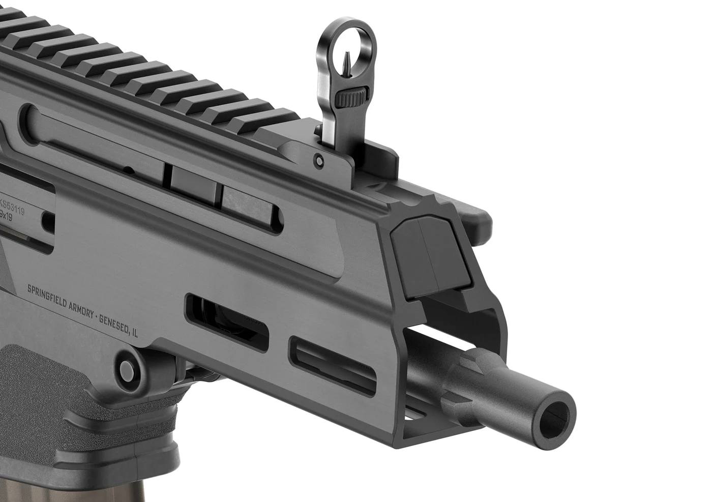 Close-up of the Springfield Armory Kuna Tri-Lug muzzle showing three machined lugs protruding past the M-LOK handguard, with the flip-up front sight above