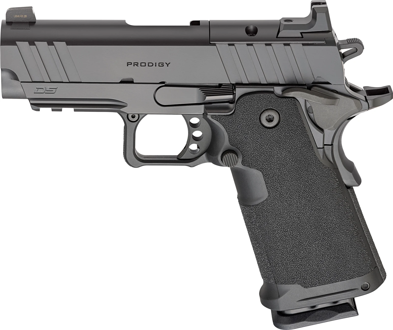 Left side view of the Springfield 1911 DS Prodigy 3.5-inch AOS showing the ambidextrous thumb safety, the slide stop, and the AOS cover plate on the slide