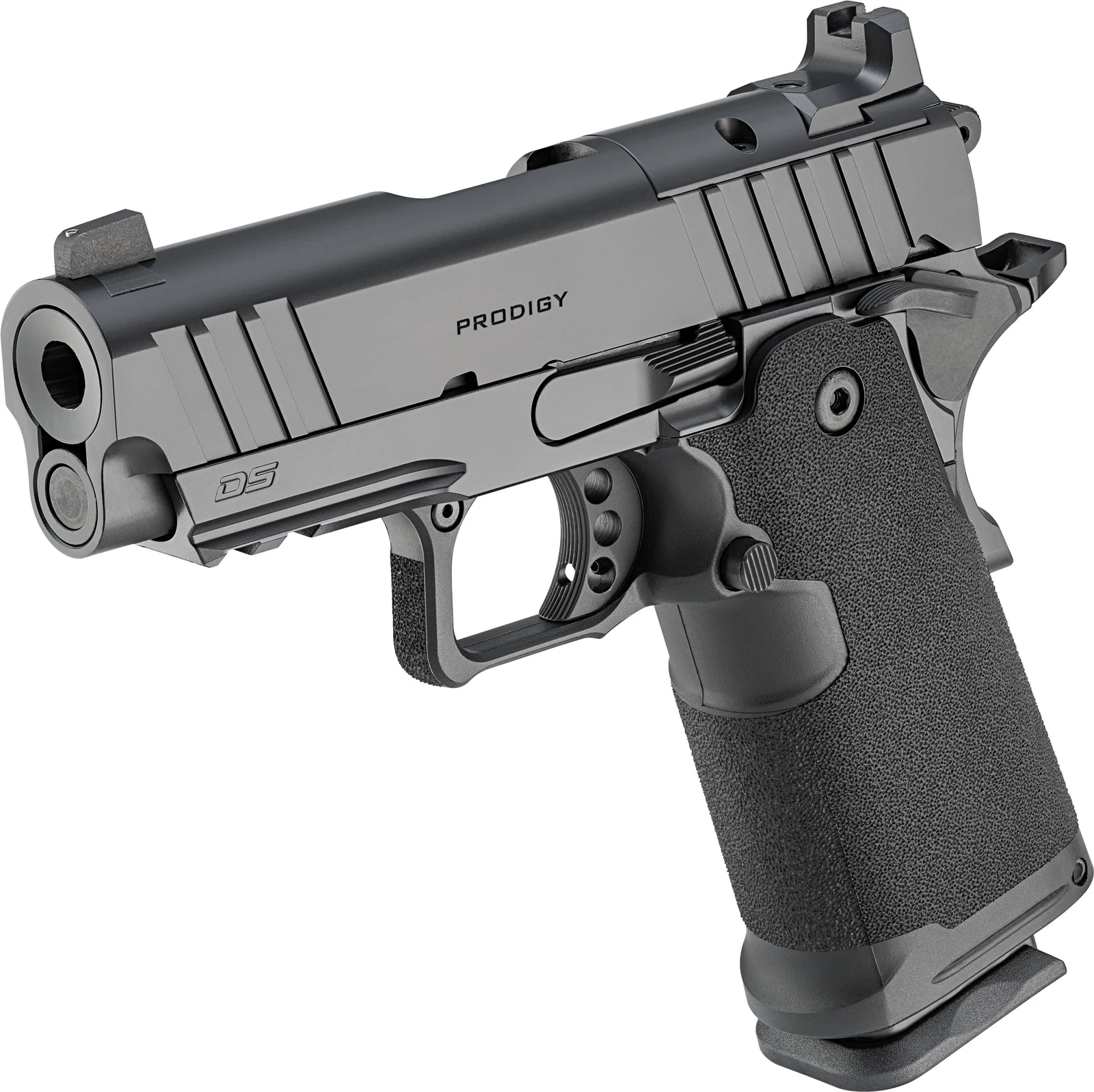 Three-quarter front view of the Springfield 1911 DS Prodigy 3.5-inch AOS showing the bull barrel, the recoil spring assembly, and the Picatinny section on the dust cover