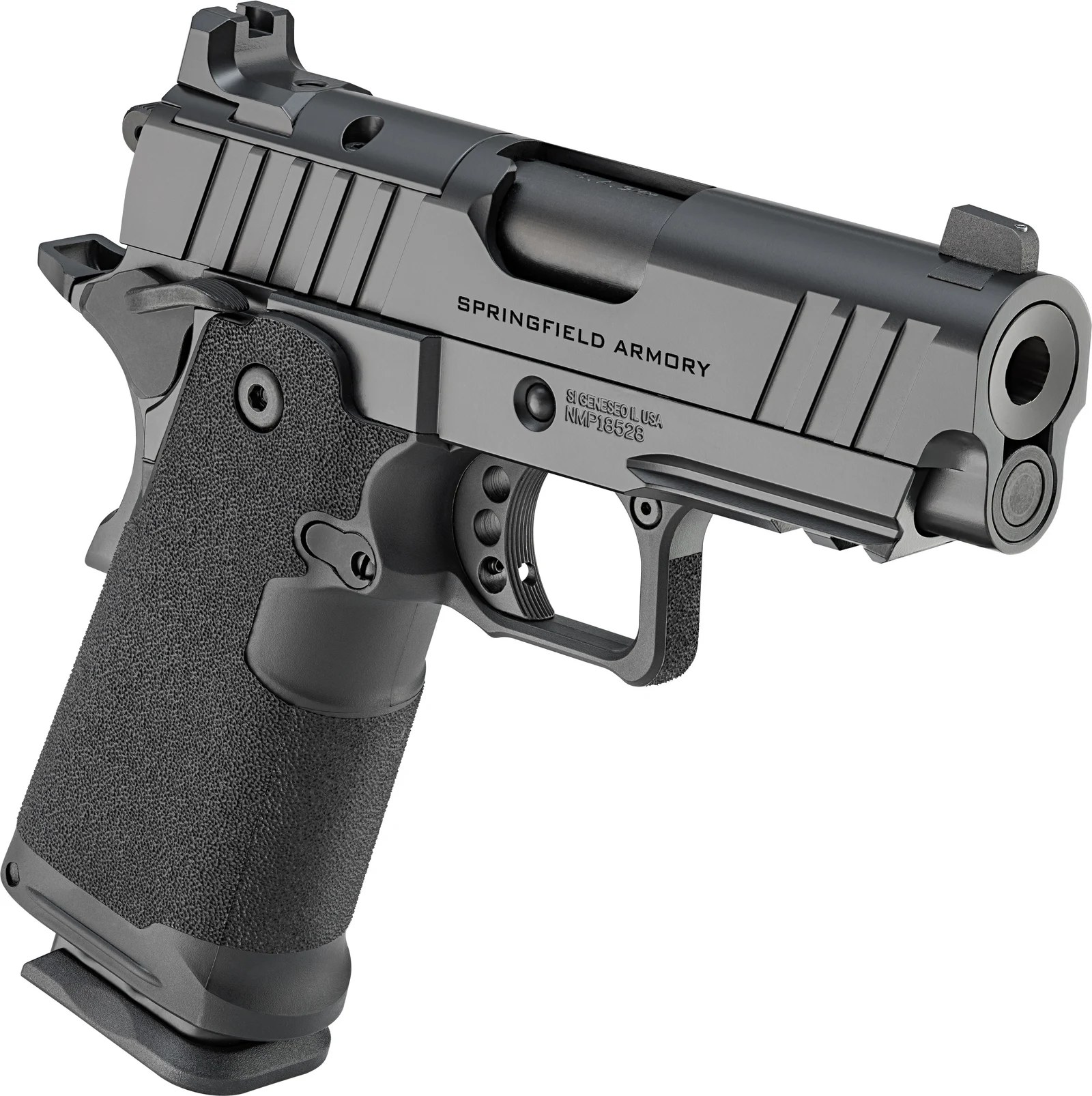 Three-quarter rear view of the Springfield 1911 DS Prodigy 3.5-inch AOS showing the grip texture, the extended magazine floorplate, and the slide top