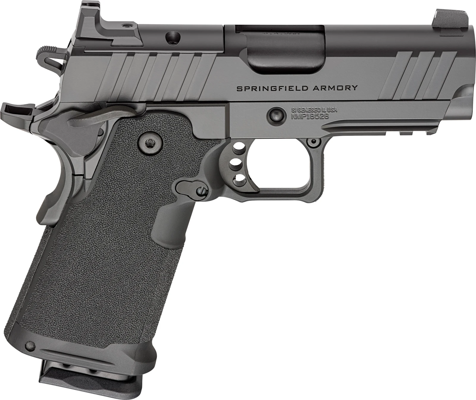 Right side profile of the Springfield 1911 DS Prodigy 3.5-inch AOS showing the short slide over the full-length grip module and the dust cover rail