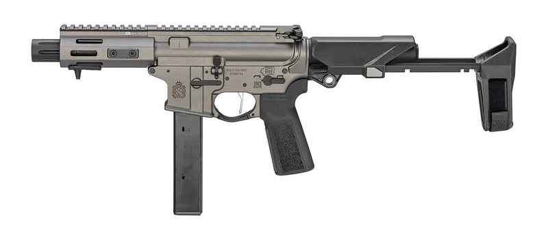 Springfield Armory SAINT Victor 5.5-inch 9mm PDW side profile showing the HBPDW brace, free-float M-LOK handguard, and Tungsten Gray Cerakote finish
