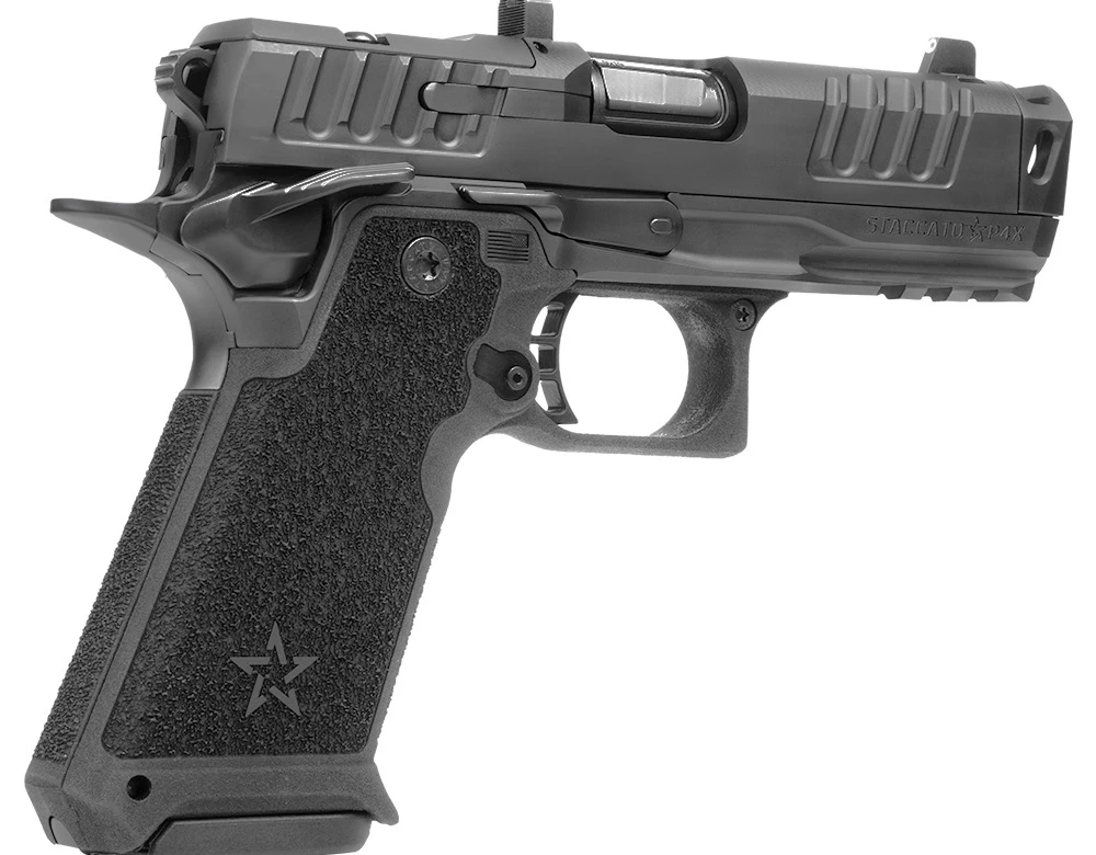 Close-up of the Staccato HD P4X one-piece compensated bull barrel showing the machined-in compensator ports and 2011 HD barrel marking
