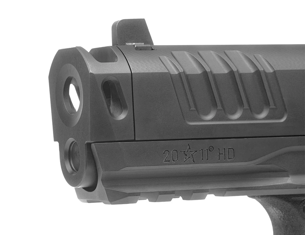Staccato HD P4X showing the ambidextrous thumb safety, aggressive grip texture, undercut trigger guard, and full-size grip with inserted magazine