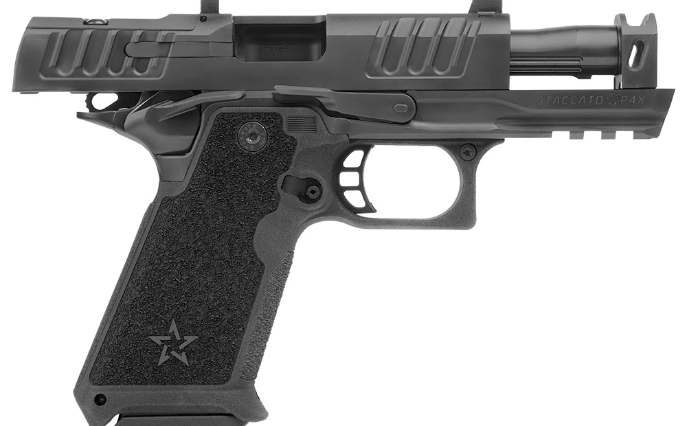 Staccato HD P4X left side profile showing the STACCATO P4X slide marking, integral compensator, full-size grip, and ambidextrous thumb safety