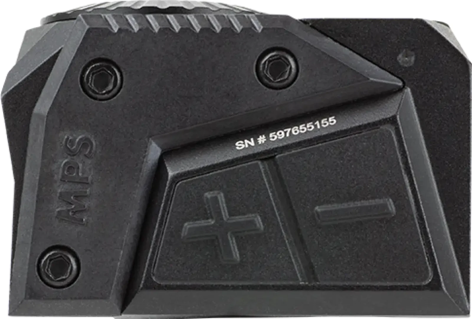 Close-up of the Steiner MPS 2.0 left side showing the oversized rectangular plus and minus brightness buttons, MPS marking, and cross-bolt clamp screws