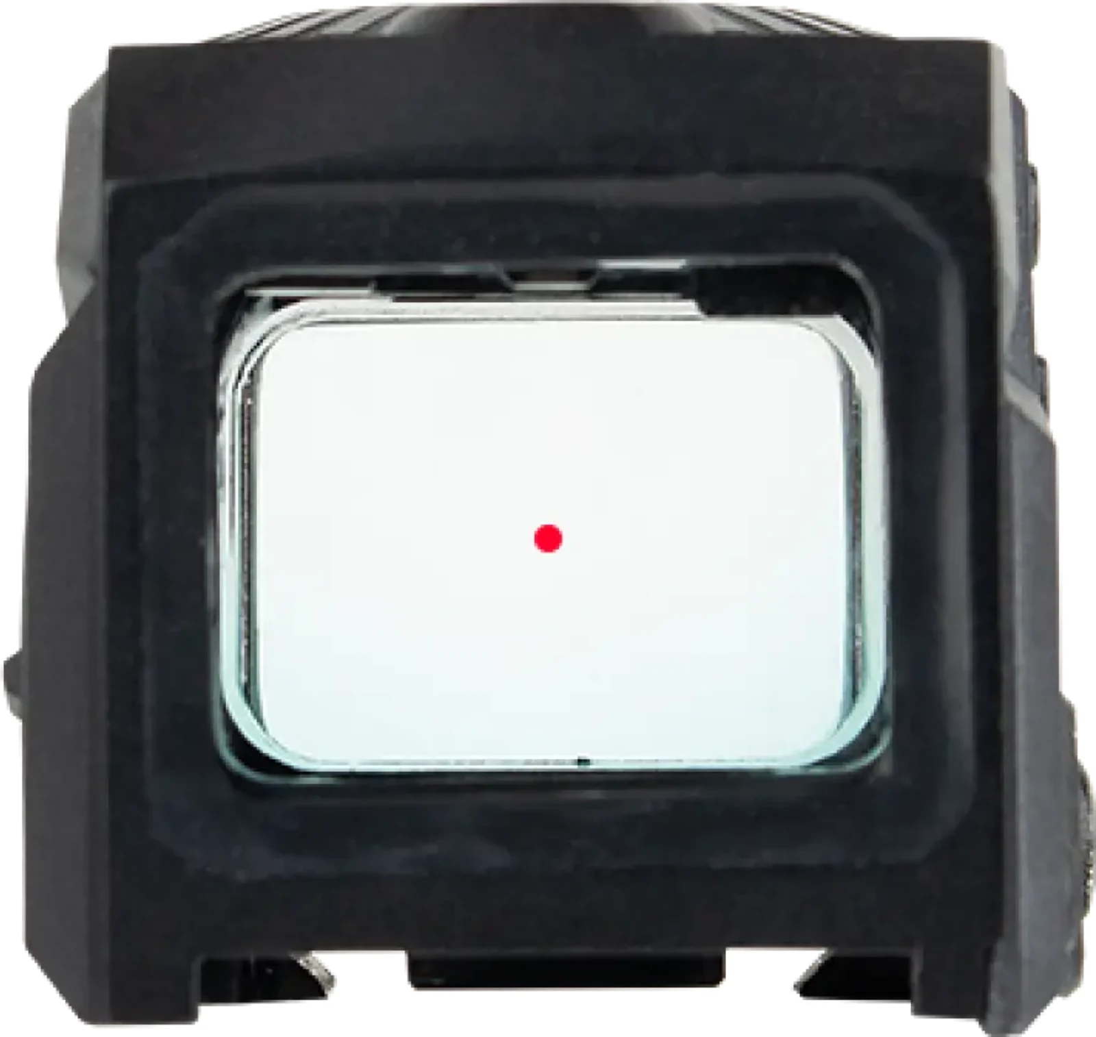 Front view of the Steiner MPS 2.0 looking through the glass with the red dot illuminated, showing the metal hood surrounding the window