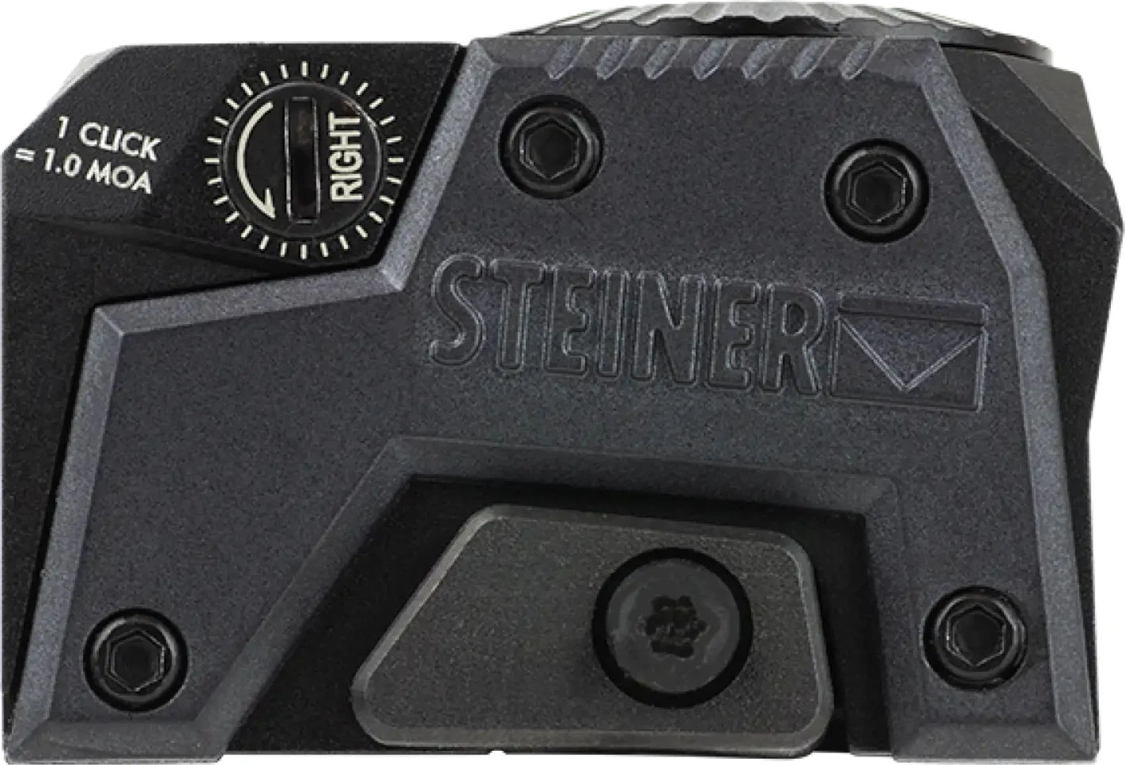 Right side of the Steiner MPS 2.0 showing the windage turret marked 1 click equals 1.0 MOA, the Steiner logo, and the cross-bolt clamping piece along the base
